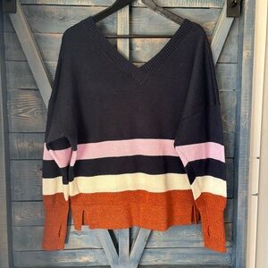 Women’s Prana Striped V-Neck Sweater - Navy, Pink, White, Orange Size Small